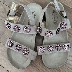 Joyfolie Beige Sandals with Gold Accents